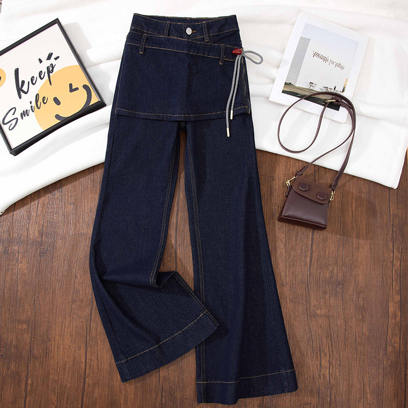 丹宁色拼接遮胯微喇叭牛仔裤女设计感屁帘裤2025冬弹力假两件裤子,女装/女士精品,牛仔裤,淘宝优惠券,粉丝福利购,淘宝优惠卷