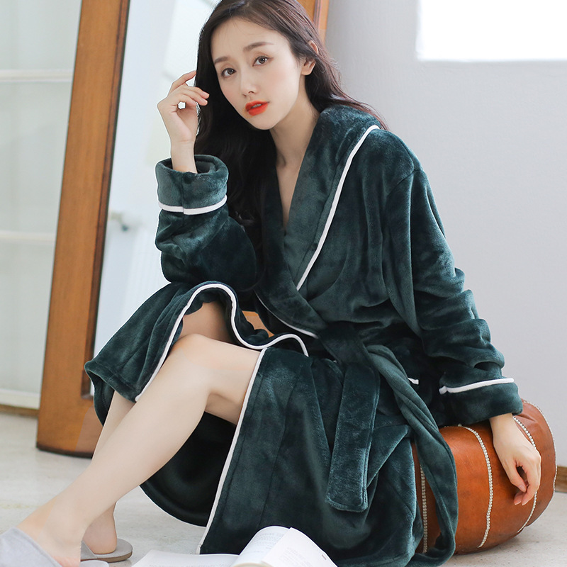 睡袍女秋冬季加厚法兰绒浴袍长款男女士情侣珊瑚绒浴衣睡衣家居服