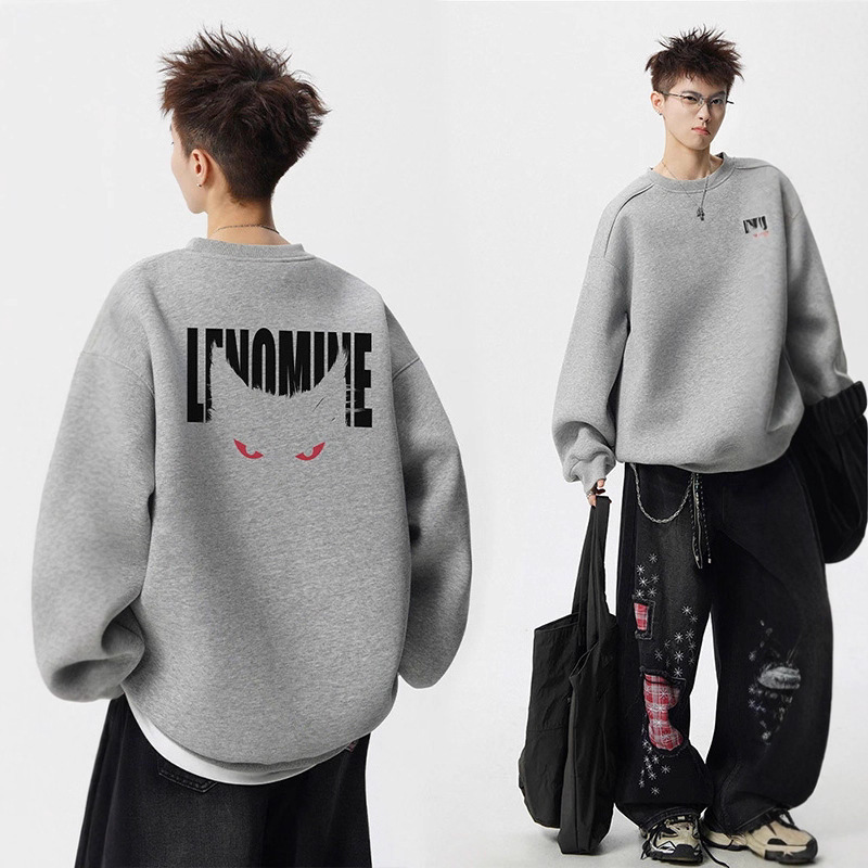 哇噢快返秋冬男士美式高街卡通猫咪卫衣男潮流宽松申诉套头卫衣