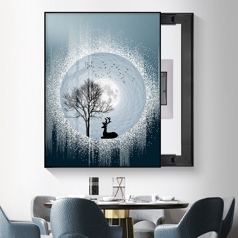 电表箱装饰画遮挡配电箱挂画推拉轻奢晶瓷福鹿电闸壁画免打孔竖款