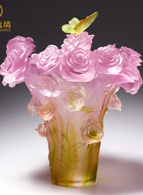 琉璃艺术品蝴蝶玫瑰花瓶客厅餐桌插花装饰品摆件轻奢高级乔迁礼物