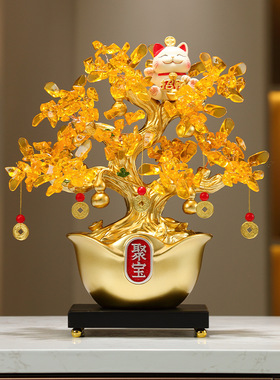新中式招财猫聚宝盆摆件玄关客厅电视柜办公室店铺水晶发财树装饰