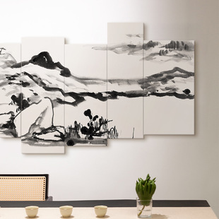秋水长天图 新中式水墨山水壁画书房茶室客厅背景墙组合装饰画
