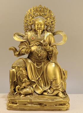 黄铜真武大帝玄天上帝祖师爷铜像摆件带背光坐龙椅玄武大帝铜像