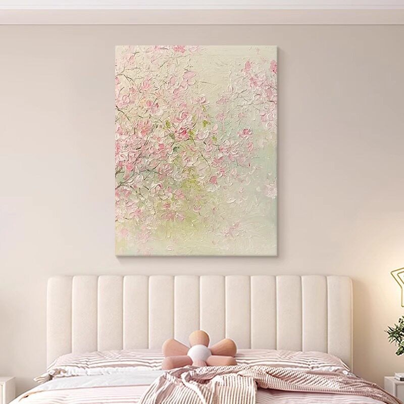 法式奶油风粉色桃花肌理手绘油画玄关挂画手工丙烯花卉客厅装饰画