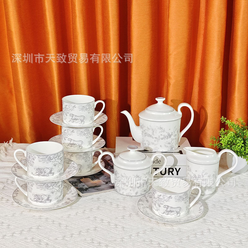 迪家灰老虎系列骨瓷咖啡具下午茶咖啡杯碟茶壶糖罐组合简约轻奢