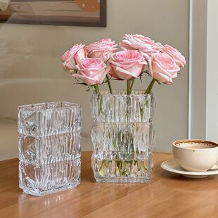 花瓶玻璃插花高级感摆件轻奢客厅水晶玫瑰鲜花法式透明水养郁金香