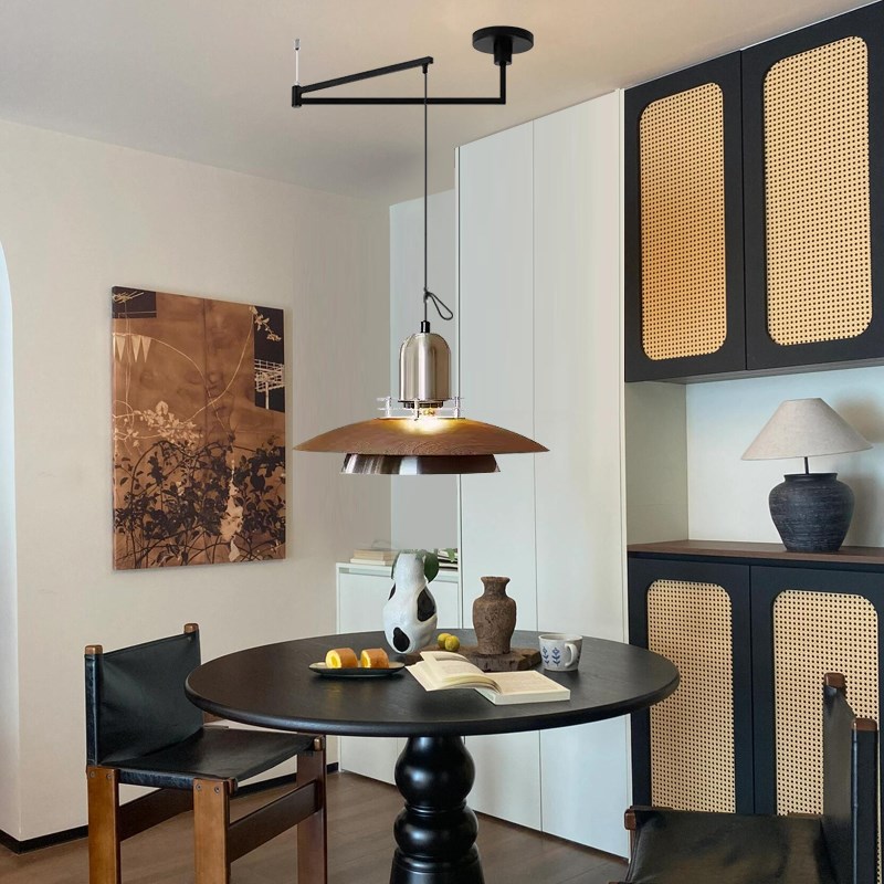 中古餐厅吊灯餐桌可移位摇臂复古胡桃F木纹飞碟侘寂风吧台饭厅吊