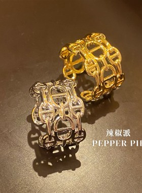 辣椒派秋冬新款 极简多链条猪鼻子造型戒指女 开口戒精致复古时髦