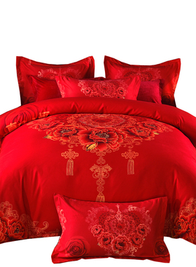结婚全棉大红色婚庆四件套1.8m2.0m床双人喜庆水洗棉床品被套床单