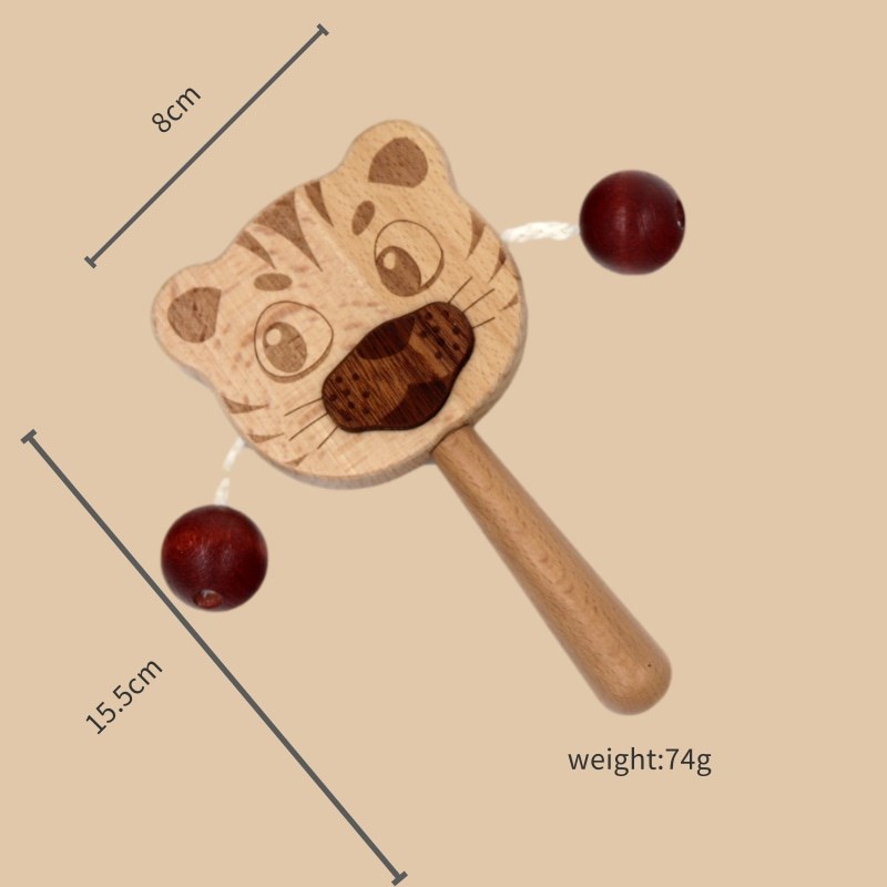 宝宝榉木拨浪鼓木质玩具可啃咬实木婴儿出生礼新生儿抓握训练响铃