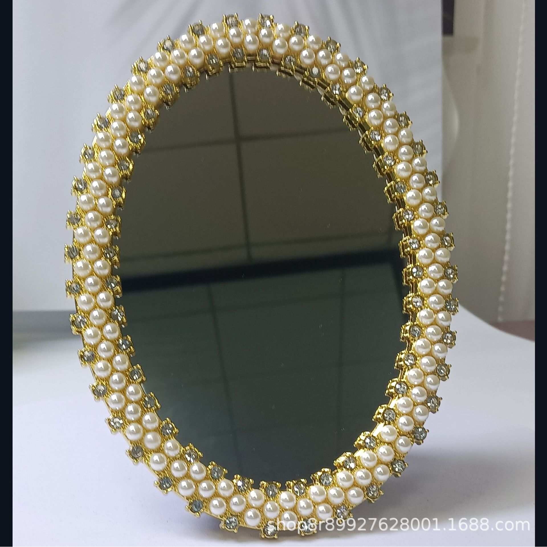 新款时尚镶嵌珍珠化妆镜，梳妆镜田园金属台式梳妆镜复古双面梳妆