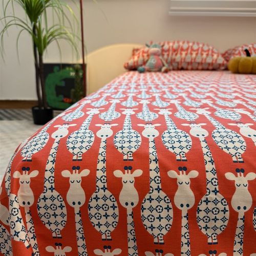 卡通可爱红色长颈鹿1.5米1.8m床单单件炕单床O笠床罩床垫保护套0.