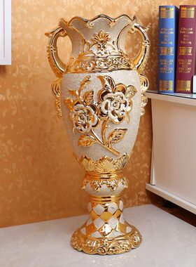 陶瓷花瓶落地高脚宽口金色奢华奖杯状客厅电视柜旁花器大号摆件