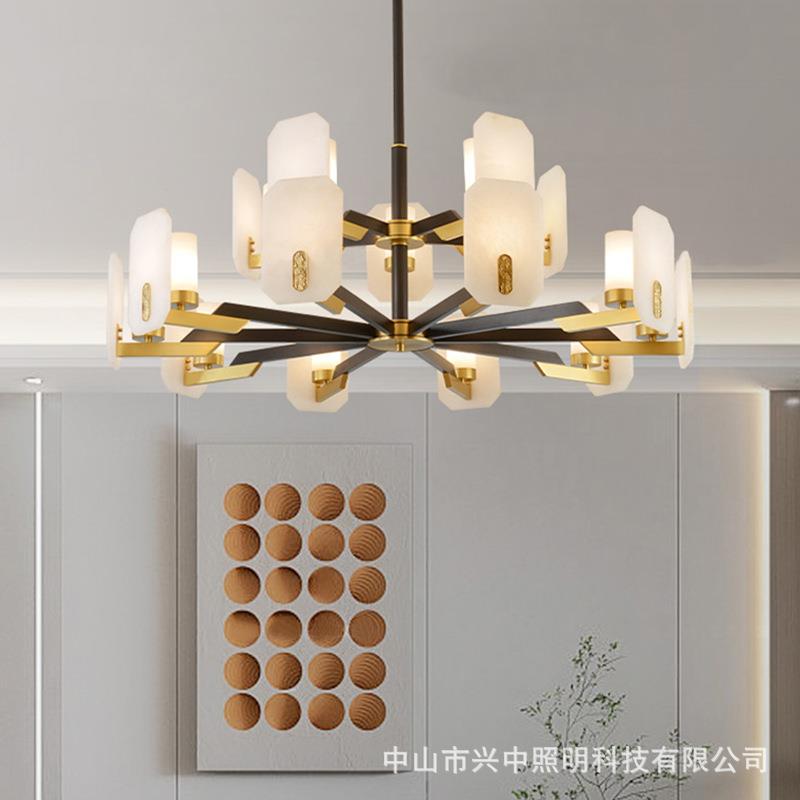 全铜新中式吊灯现代中国风禅意西班牙云石别墅客厅餐厅卧室灯具