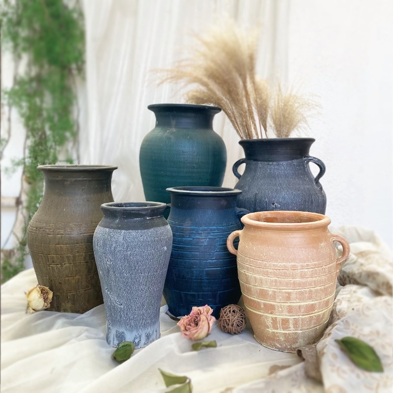 粗陶复古b花盆新中式侘寂风做旧陶瓶干花水培客厅摆件粗陶多肉花