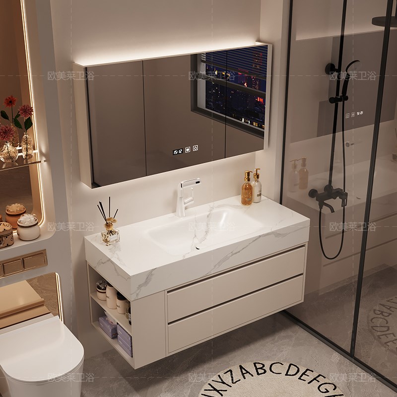 轻奢奶油风岩板h热弯一体盆浴室柜组合化妆室洗漱台洗脸洗手盆实