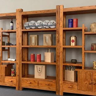 老榆木博古架实木中式茶叶展示柜办公室简约书架客厅隔断置物货架