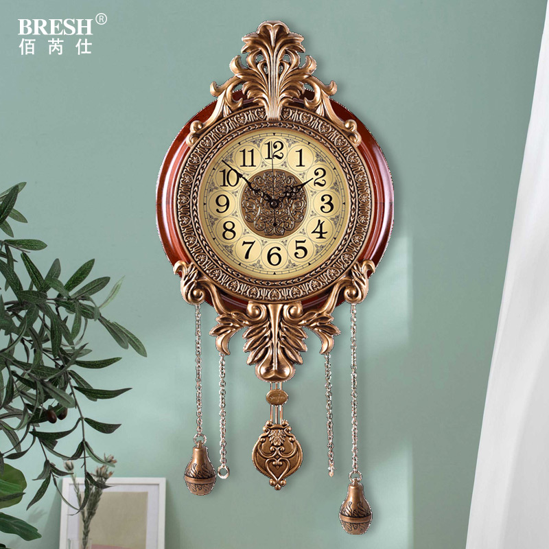 创意实木静音挂钟 欧美式大号个性石英钟 时尚简约客厅钟表