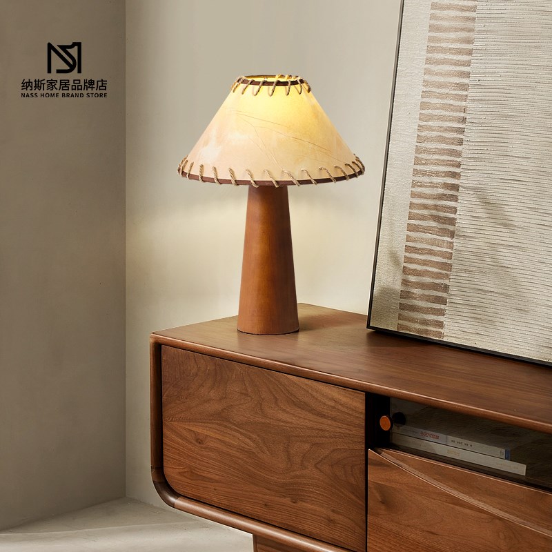 日式复古实木侘寂风m台灯中古客厅卧室书房床头灯创意羊皮纸落地