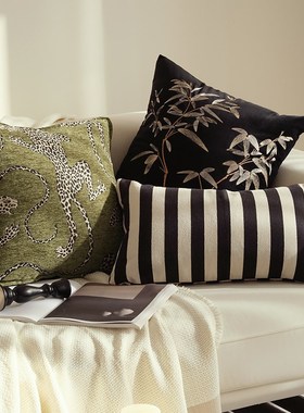 轻奢复古黑绿色系组合抱枕新中式刺绣竹纹抱枕民宿V中古靠垫腰靠