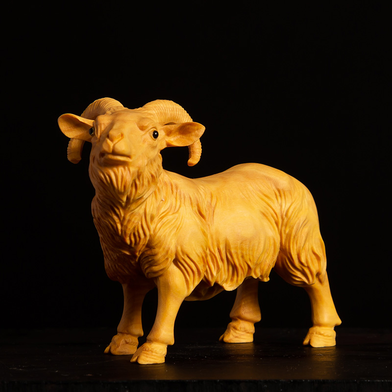 黄杨木手把件生肖羊玄关装饰工艺品实木动物木雕吉祥物摆件领头羊