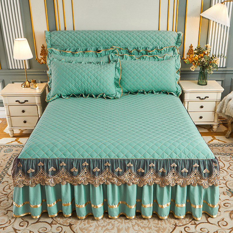 夹棉加厚床裙冬季床罩三件套欧式床单1.8m1.5床套保护罩床头罩2.2