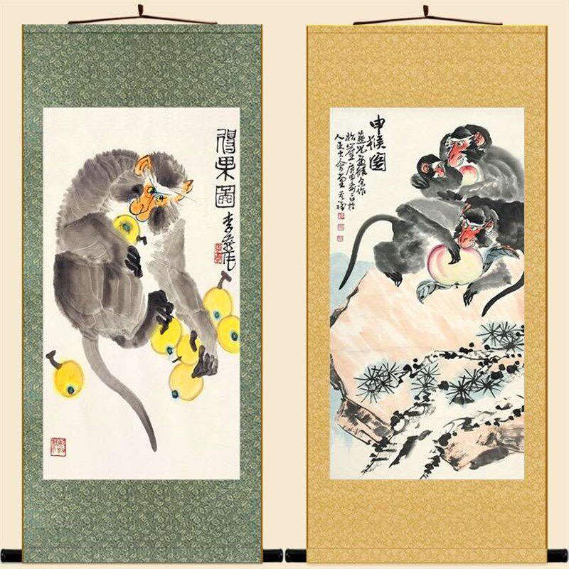 猴子得果图 申猴画像 绢布材质卷轴挂画 中式装饰画来图定制订做