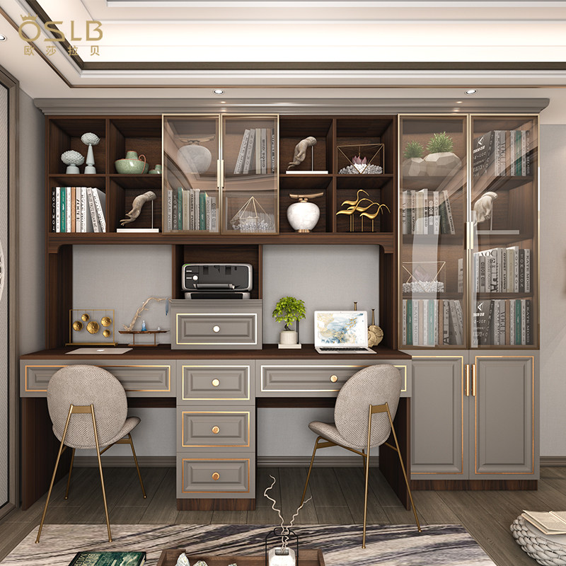 实木双人书桌书架书柜组合一体桌家用台式电脑桌儿童学习写字桌子