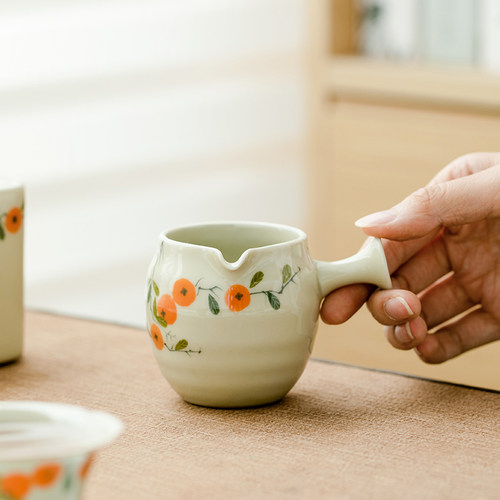 拓土侧把公道杯防烫家用纯手绘柿子均杯一体单个陶瓷分茶杯分茶器
