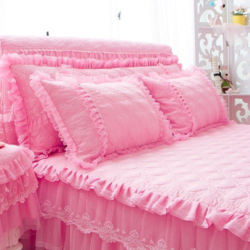 单人枕套公主风蕾丝花边绗缝夹棉加厚枕头套粉色学生枕头罩一对装