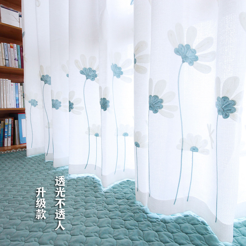 田园风格清新窗帘透光不透人纱帘绣花窗纱阳台飘窗卧室客厅隔断帘