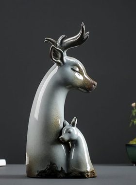 久造陶瓷母子鹿创意摆件中式家居客厅电视柜招财梅花鹿工艺品装饰
