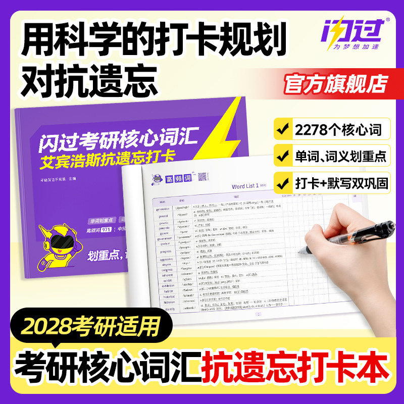 【闪过官方店】2028考研词汇闪过考研核心词汇艾宾浩斯抗遗忘打卡本考研英语一二词汇书单词书默写本大纲5500词长难句高频词乱序版图片
