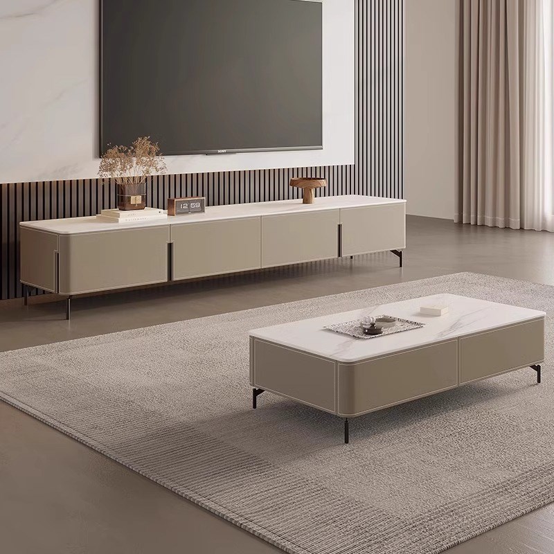意式岩板茶几电g视柜组合2025新款简约现代客厅高款家用实木影视