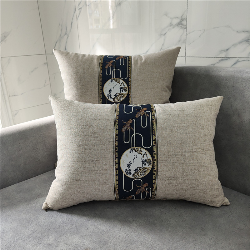 新中式加厚d亚麻实木沙发腰靠枕古典中国风抱枕套可拆洗床头靠枕