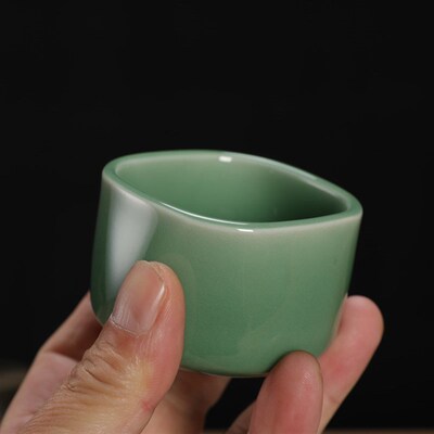 青瓷手工茶杯周连福杯人主具茶陶瓷弟窑梅子青板子杯功夫茶具精品