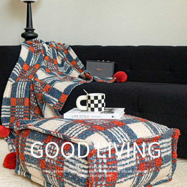 复古橙蓝英伦格子坐墩可拆洗蒲团搭毯客厅懒人沙发脚凳地板坐垫