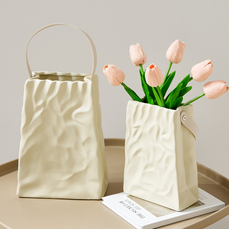 轻奢奶油风手提创意陶瓷花瓶居家客厅餐桌鲜花插S花装饰摆件高级