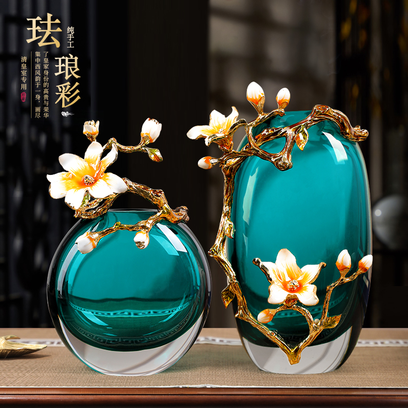新中式水晶玻璃花k瓶摆件珐琅彩高档大气玄关客厅高端轻奢家居饰