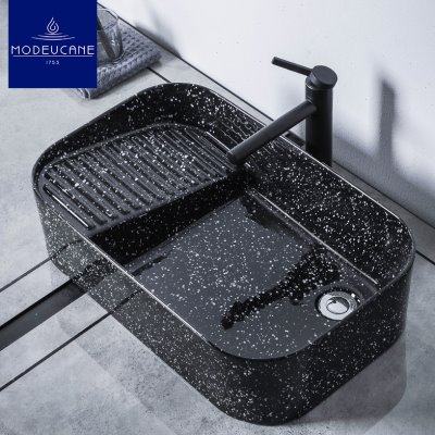 莫德卡恩MODEUCANE 轻奢黑色雪花台上洗衣盆带搓衣板侧下水陶瓷盆