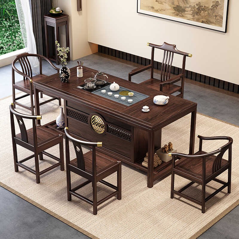 乌金木实木茶桌椅组合新中式家用简约功I夫茶台办公室一体干湿茶