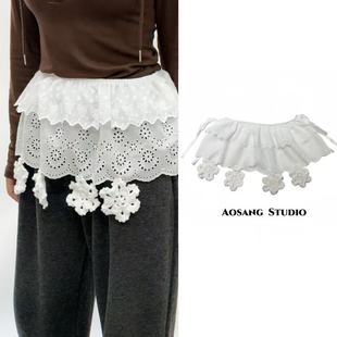 日韩ins蕾丝下摆装饰雪花芭蕾系带花边短裙半身裙屁帘叠穿腰带