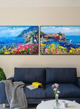 手绘油画挂画客厅大海地中海纯手工装饰画双成横版海联油画景品画