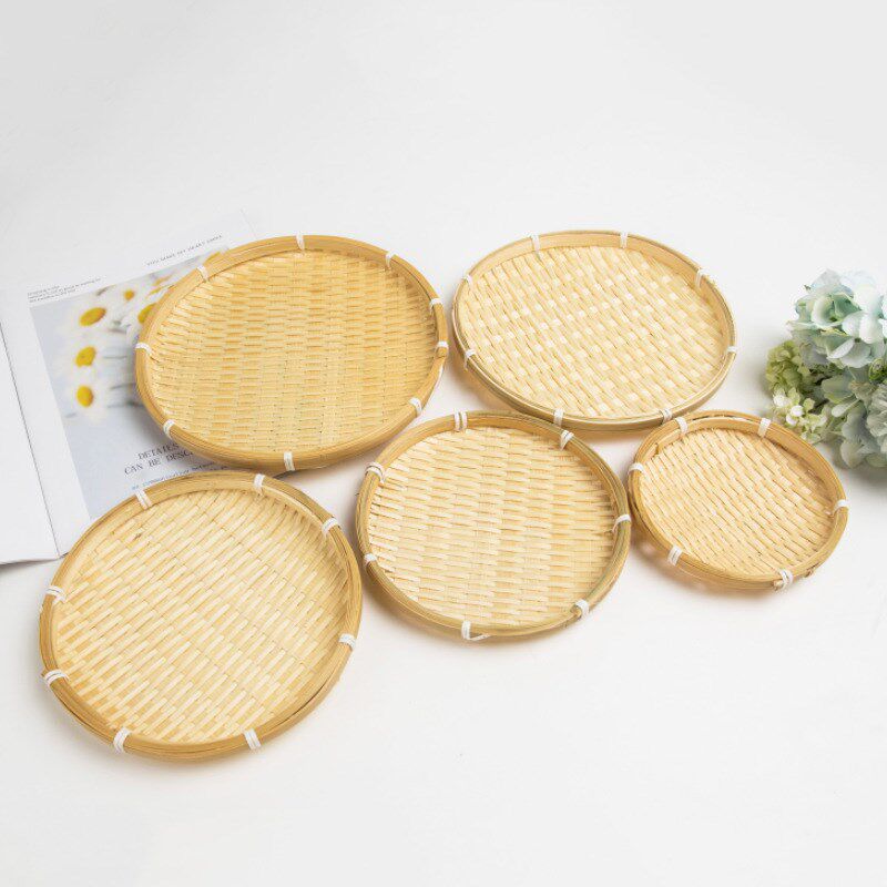 圆形簸箕手工竹编家m用干果盘茶点盘无孔晾晒竹制品中小号竹黄白