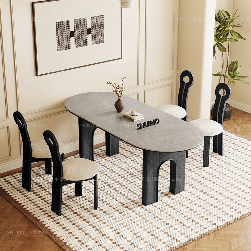 德利丰岩板洞石法式餐桌家用小户型轻奢奶油椭圆长方形Z餐桌子客