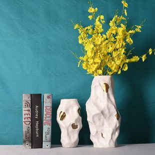 哑光白镀金创意股理陶瓷花花器现简约轻奢家居酒店艺术摆件