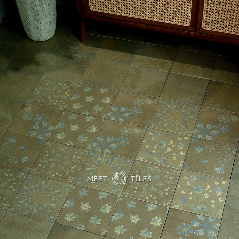 遇见中古风做旧墨绿纹理小花砖化妆G室阳台民宿酒店民宿工装地砖