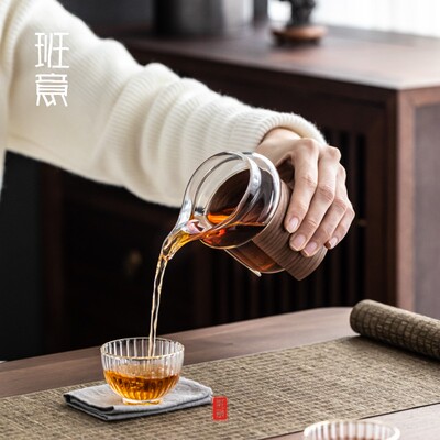 玻璃公杯玻套防海匀杯公道杯茶烫耐热竹璃茶海胡桃色分茶器