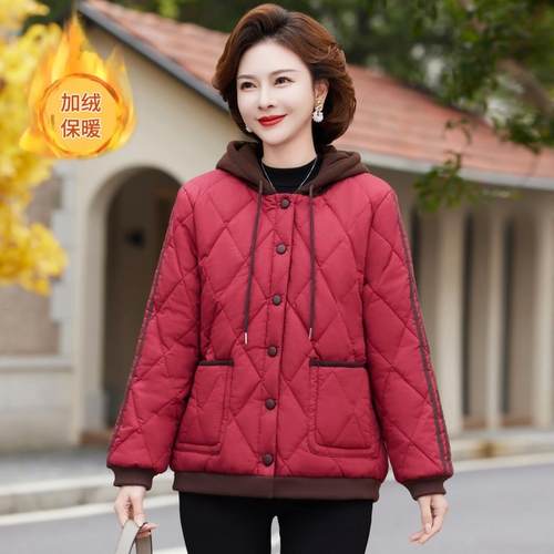 中老年女冬季加绒连帽外套新款妈妈大码小棉袄奶奶加厚棉衣